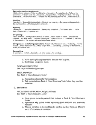 Expressing opinions, preferences:
  I think..., In my opinion..., I'd like to..., I'd rather..., I'd prefer..., The way I see it..., As far as I'm
  concerned..., If it were up to me..., I suppose..., I suspect that..., I'm pretty sure that..., It is fairly
  certain that..., I'm convinced that..., I honestly feel that, I strongly believe that..., Without a doubt...

  Inquiring:
  I wonder if…, Do you think/believe that…, What do you mean by…, Do you agree/disagree that…
  Do you like/dislike…, What do you think of/about…

  Agreeing:
  I agree that…, I also think/believe that…, I was going to say that…, You have a point…, That‟s
  true…, You‟re right…, I suppose so…

  Disagreeing:
  I don't think that..., Don't you think it would be better..., I don't agree, I'd prefer..., Shouldn't we
  consider..., But what about..., I'm afraid I don't agree..., Frankly, I doubt if..., Let's face it, The truth
  of the matter is..., The problem with your point of view is that...

  Giving reasons and offering explanations: To start with, The reason why..., That's why... For this
  reason..., That's the reason why..., Many people think...., Considering..., Allowing for the fact that...,
  When you consider that...

  Summarizing:
  In summary…, In short…, Basically…, In other words…, To sum it up…



                 d. Have some groups present and discuss their outputs.
                 e. Synthesize key points made.

         READING HOMEWORK
         See page 6 of learning package.

         THEN AND NOW
         See Task 4, „Your Discovery Tasks‟.

                 a. Assign the selection for home reading.
                 b. Tell students to do Task 4, „Your Discovery Tasks‟ after they read the
                    selection.

    3. Enrichment

         PROCESSING OF HOMEWORK (10 minutes)
         See Task 4, „Your Discovery Tasks‟.

                 a. Have some students present their outputs in Task 4, „Your Discovery
                    Tasks‟.
                 b. Synthesize key points made regarding grand heroism and everyday
                    heroism.
                 c. Make a transition to the next task by pointing out that there are different
                    ways of conveying a message.


Grade 7 English Group, DepEd K-12 Learning Area Team for Languages and Multi-literacies                            62
 