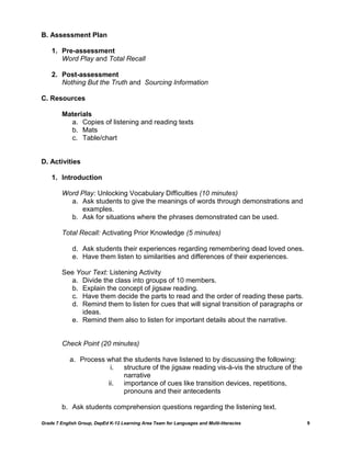 B. Assessment Plan

    1. Pre-assessment
       Word Play and Total Recall

    2. Post-assessment
       Nothing But the Truth and Sourcing Information

C. Resources

         Materials
           a. Copies of listening and reading texts
           b. Mats
           c. Table/chart


D. Activities

    1. Introduction

         Word Play: Unlocking Vocabulary Difficulties (10 minutes)
           a. Ask students to give the meanings of words through demonstrations and
              examples.
           b. Ask for situations where the phrases demonstrated can be used.

         Total Recall: Activating Prior Knowledge (5 minutes)

             d. Ask students their experiences regarding remembering dead loved ones.
             e. Have them listen to similarities and differences of their experiences.

         See Your Text: Listening Activity
           a. Divide the class into groups of 10 members.
           b. Explain the concept of jigsaw reading.
           c. Have them decide the parts to read and the order of reading these parts.
           d. Remind them to listen for cues that will signal transition of paragraphs or
              ideas.
           e. Remind them also to listen for important details about the narrative.


         Check Point (20 minutes)

            a. Process what the students have listened to by discussing the following:
                        i.  structure of the jigsaw reading vis-à-vis the structure of the
                            narrative
                       ii.  importance of cues like transition devices, repetitions,
                            pronouns and their antecedents

         b. Ask students comprehension questions regarding the listening text.

Grade 7 English Group, DepEd K-12 Learning Area Team for Languages and Multi-literacies      9
 