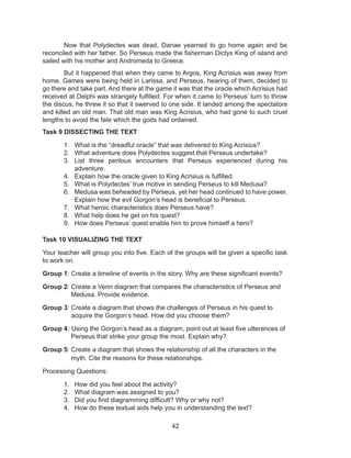 42
Now that Polydectes was dead, Danae yearned to go home again and be
reconciled with her father. So Perseus made the fisherman Dictys King of island and
sailed with his mother and Andromeda to Greece.
But it happened that when they came to Argos, King Acrisius was away from
home. Games were being held in Larissa, and Perseus, hearing of them, decided to
go there and take part. And there at the game it was that the oracle which Acrisius had
received at Delphi was strangely fulfilled. For when it came to Perseus’ turn to throw
the discus, he threw it so that it swerved to one side. It landed among the spectators
and killed an old man. That old man was King Acrisius, who had gone to such cruel
lengths to avoid the fate which the gods had ordained.
Task 9 DISSECTING THE TEXT
1. What is the “dreadful oracle” that was delivered to King Acrisius?
2. What adventure does Polydectes suggest that Perseus undertake?
3. List three perilous encounters that Perseus experienced during his
adventure.
4. Explain how the oracle given to King Acrisius is fulfilled.
5. What is Polydectes’ true motive in sending Perseus to kill Medusa?
6. Medusa was beheaded by Perseus, yet her head continued to have power.
Explain how the evil Gorgon’s head is beneficial to Perseus.
7. What heroic characteristics does Perseus have?
8. What help does he get on his quest?
9. How does Perseus’ quest enable him to prove himself a hero?
Task 10 VISUALIZING THE TEXT
Your teacher will group you into five. Each of the groups will be given a specific task
to work on.
Group 1: Create a timeline of events in the story. Why are these significant events?
Group 2: Create a Venn diagram that compares the characteristics of Perseus and
Medusa. Provide evidence.
Group 3: Create a diagram that shows the challenges of Perseus in his quest to 		
acquire the Gorgon’s head. How did you choose them?
Group 4: Using the Gorgon’s head as a diagram, point out at least five utterances of
Perseus that strike your group the most. Explain why?
Group 5: Create a diagram that shows the relationship of all the characters in the
myth. Cite the reasons for these relationships.
Processing Questions:
1. How did you feel about the activity?
2. What diagram was assigned to you?
3. Did you find diagramming difficult? Why or why not?
4. How do these textual aids help you in understanding the text?
 