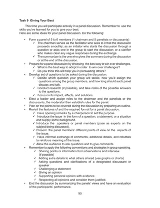 90
Task 9 Giving Your Best
This time you will participate actively in a panel discussion. Remember to use the
skills you’ve learned for you to give your best.
Here are some ideas for your panel discussion. Do the following:
• Form a panel of 5 to 6 members (1 chairman and 5 panelists or discussants)
 The chairman serves as the facilitator who sees to it that the discussion
proceeds smoothly; as an initiator who starts the discussion through a
question or asks one in the group to start the discussion; or a clarifier
who makes clear any vague responses during the exchange.
 The summarizer is the one who gives the summary during the discussion
or at the end of the discussion.
• Prepare for a panel discussion by choosing the best way to win over challenges.
 What is the best way to adopt in order to win over challenges?
 Do you think this will help you in persuading others?
• Develop set of questions to be asked during the discussion.
 Decide which question your group will tackle, how you’ll assign the
questions among the group members, and how long should each panel
discuss and talk.
 Conduct research (if possible), and take notes of the possible answers
to the questions.
 Focus on its impact, effects, and solutions.
• Elect a leader and assign roles to the chairman and the panelists or the
discussants, the moderator then establish rules for the panel.
• Plan on the points to be covered during the discussion by preparing an outline.
• Revisit the features of and the required format for a panel discussion:
 Have opening remarks by a chairperson to set the purpose.
 Introduce the issue in the form of a question, a statement, or a situation
and supply some background.
 Introduce the speakers or panel members (pose as experts on the
subject being discussed).
 Present the panel members’ different points of view on the aspects of
the issue.
 Have informal exchange of comments, additional details, and rebuttals
to reinforce meaning of the issue.
 Allow the audience to ask questions and to give comments.
• Remember to apply the following conventions and strategies in group speaking.
 Sharing points or information from observations and interview.
(if possible)
 Adding extra details to what others shared (use graphs or charts)
 Asking questions and clarifications of a designated discussant or
speaker
 Challenging a statement
 Giving an opinion
 Supporting personal opinion with evidence
 Respecting all opinions and consider them justified.
• End the discussion by summarizing the panels’ views and have an evaluation
of the participants’ performance.
 