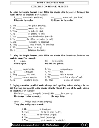 Blood is thicker than water
                         EXERCISES ON SIMPLE PRESENT

1. Using the Simple Present tense, fill in the blanks with the correct forms of the
verbs shown in brackets. For example:
    I ______ to the radio. (to listen)      He _______ to the radio. (to listen)
    I listen to the radio.                  He listens to the radio.

1. She __________ the guitar. (to play)
2. We __________ soccer. (to play)
3. They _________ to talk. (to like)
4. He __________ ice cream. (to like)
5. You _________ your friends often. (to call)
6. He _________ the office every day. (to call)
7. She __________ regularly. (to practise)
8. They __________ once a week. (to practise)
9. We __________ here. (to shop)
10. It __________ delicious. (to taste)

2. Using the Simple Present tense, fill in the blanks with the correct forms of the
verb to have. For example:
    I ____ a pen.                   He ___ two pencils.
    I have a pen.                   He has two pencils.

1.   I _______ many books.             2. You _______ an apartment.
3.   He _______ a bicycle.             4. We _______ fun.
5.   They _______ two sleds.           6. She _______ milk in her tea.
7.   I _______ a warm sweater.         8. We _______ breakfast at eight o'clock.
9.   He _______ an alarm clock.        10. They ________ a sense of humor.

3. Paying attention to which verbs change their spelling before adding s in the
third person singular, fill in the blanks with the Simple Present of the verbs shown
in brackets. For example:
    He always _______ promptly. (to reply) She _____ little. (to say)
    He always replies promptly.              She says little.

      They _____ bridge once a week. (to play)
      They play bridge once a week.

              1.   He __________ it. (to deny)
              2.   They __________ to be on time. (to try)
              3.   It _________ to be careful. (to pay)
              4.   She __________ hard. (to study)
              5.   You __________ good manners. (to display)

     English Grammar for Beginners By: M.L.Kulabdeen                               10
 