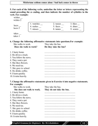 Misfortune seldom comes alone / bad luck comes in threes


5. For each of the following verbs, underline the letter or letters representing the
sound preceding the es ending, and then indicate the number of syllables in the
verb. For example:
    wishes __
    wishes 2
                      1. watches __                 2. teases __                 3. likes __
   laces __           4. rushes __                  5. faces __                  6. dines __
   laces 2            7. misses __                  8. tames __                  9. scares __
   takes __
   takes 1

6. Change the following affirmative statements into questions.For example:
    She walks to work.             They take the bus.
     Does she walk to work?        Do they take the bus?

1. I hurry home.                      ...................................................
2. He drives a truck.                 ...................................................
3. You follow the news.               ...................................................
4. They want a pet.                   ...................................................
5. She likes flowers.                 ...................................................
6. We need tea.                       ...................................................
7. She goes to school                 ...................................................
8. He drinks coffee.                  ...................................................
9. I learn quickly.                   ...................................................
10. It rains heavily.                 ...................................................

7. Change the affirmative statements given in Exercise 6 into negative statements.
For example:
     She walks to work.            They take the bus.
      She does not walk to work.   They do not take the bus.
1. I hurry home.                   ...................................................
2. He drives a truck.              ...................................................
3. You follow the news.            ...................................................
4. They want a pet.                ...................................................
5. She likes flowers.              ...................................................
6. We need tea.                    ...................................................
7. She goes to school              ...................................................
8. He drinks coffee.               ...................................................
9. I learn quickly.                ...................................................
10. It rains heavily.              ...................................................

   English Grammar for Beginners By: M.L.Kulabdeen                                              12
 