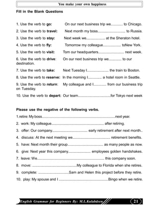 You make your own happiness

Fill in the Blank Questions


1. Use the verb to go:                     On our next business trip we............ to Chicago.
2. Use the verb to travel:                 Next month my boss............................ to Russia.
3. Use the verb to stay:                  Next week we................... at the Sheraton hotel.
4. Use the verb to fly:                    Tomorrow my colleague.................. toNew York.
5. Use the verb to visit:                Tom our headquarters.......................... next week.
6. Use the verb to drive:                On our next business trip we............. to our
destination.
7. Use the verb to take:                 Next Tuesday I...................... the train to Boston.
8. Use the verb to reserve: In the morning I.............. a hotel room in Seattle.
9. Use the verb to return:               My colleague and I............. from our business trip
on Tuesday.
10. Use the verb to depart: Our team.................................for Tokyo next week


Please use the negative of the following verbs.
1.retire: My boss..........................................................................next year.
2. work: My colleague..................................................... after retiring.
3. offer: Our company.................................... early retirement after next month..
4. discuss: At the next meeting we...................................... retirement benefits.
5. have: Next month their group.................................... as many people as now.
6. give: Next year this company....................... employees golden handshakes.
7. leave: We.................................................................... this company soon.
8. move: .............................................My colleague to Florida when she retires.
9. complete: ...............................Sam and Helen this project before they retire.
10. play: My spouse and I ..................................................Bingo when we retire.




   English Grammar for Beginners By: M.L.Kulabdeen                                                      21
 