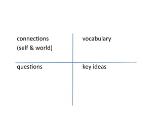 connec&ons 	
   	
   	
   	
   	
  vocabulary	
  
(self	
  &	
  world)	
  

ques&ons 	
   	
   	
   	
   	
   	
  key	
  ideas	
  
 