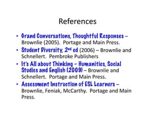 References	
  
•  Grand Conversations, Thoughtful Responses –	
  
   Brownlie	
  (2005).	
  	
  Portage	
  and	
  Main	
  Press.	
  
•  Student Diversity, 2nd ed (2006)	
  –	
  Brownlie	
  and	
  
   Schnellert.	
  	
  Pembroke	
  Publishers	
  
•  It’s All about Thinking – Humanities, Social
   Studies and English (2009)	
  –	
  Brownlie	
  and	
  
   Schnellert.	
  	
  Portage	
  and	
  Main	
  Press.	
  
•  Assessment Instruction of ESL Learners –	
  
   Brownlie,	
  Feniak,	
  McCarthy.	
  	
  Portage	
  and	
  Main	
  
   Press.	
  
 