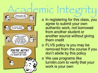Academic Integrity In registering for this class, you agree to submit your own authentic work, not borrowed from another student or another source without giving them credit FLVS policy is you may be removed from the course if you don’t abide by this policy We use programs like turnitin.com to verify that your work is your own 