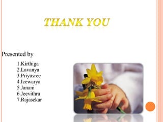 1.Kirthiga 2.Lavanya 3.Priyasree  4.Icewarya 5.Janani 6.Jeevithra 7.Rajasekar Presented by 