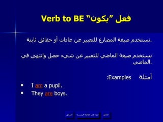 Verb to BE “ فعل ”يكون نستخدم صيغة المضارع للتعبير عن عادات أو حقائق ثابتة . نستخدم صيغة الماضي للتعبير عن شيء حصل وانتهى في الماضي . :Examples   أمثلة I  am  a pupil. They  are  boys. عودة إلى القائمة الرئيسية عودة إلى القائمة الرئيسية التالي السابق عودة إلى القائمة الرئيسية 