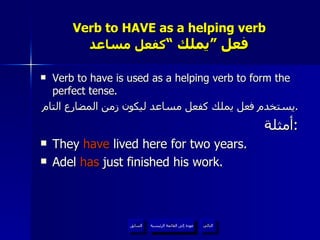 Verb to HAVE as a helping verb   فعل ”يملك “  كفعل مساعد Verb to have is used as a helping verb to form the perfect tense. يستخدم فعل يملك كفعل مساعد ليكون زمن المضارع التام . أمثلة : They  have  lived here for two years. Adel  has  just finished his work. عودة إلى القائمة الرئيسية عودة إلى القائمة الرئيسية التالي السابق 