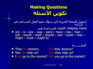Making Questions    تكوين الأسئلة لتحويل الجملة الخبرية إلى سؤال نضع الفعل المساعد في البداية :  الأفعال المساعدة هي :  Helping Verbs am – is – are – was – were – have – has – had – will – would – shall – should – can – could – may – might – must – ought to أمثلـــــــــة : They  are  doctors.  Are  they doctors? She  can  help us? Can  they help us? I  will  go to the market? Will  you go to the market? عودة إلى القائمة الرئيسية التالي عودة إلى القائمة الرئيسية 