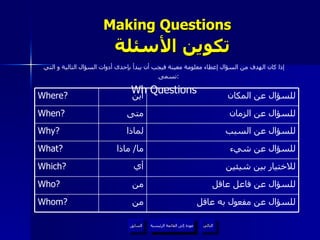 Making Questions    تكوين الأسئلة إذا كان الهدف من السؤال إعطاء معلومة معينة فيجب أن يبدأ بإحدى أدوات السؤال التالية و التي تسمى :   Wh Questions عودة إلى القائمة الرئيسية للسؤال عن مفعول به عاقل من Whom? للسؤال عن فاعل عاقل من Who? للاختيار بين شيئين أي Which? للسؤال عن شيء ما /  ماذا What? للسؤال عن السبب لماذا Why? للسؤال عن الزمان متى When? للسؤال عن المكان أين Where? عودة إلى القائمة الرئيسية التالي السابق 