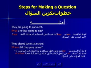 Steps for Making a Question    خطوات  تكوين السؤال أمثلــــــــــــــــــــــة   :  They are going to eat meat. What  are they going to eat? *  لاحظ أننا قدمنا  على  لأنها هي الفعل المساعد ثم حذفنا كلمة  لأنها الجواب على السؤال . They played tennis at school. Where  did they play tennis? *  لاحظ أننا استخدمنا  لعدم وجود فعل مساعد و لأن الفعل في الماضي .  و لاحظ أيضاً حذف  من الفعل لإعادته ألى أصله .  و لاحظ أننا حذفنا  لأنها الجواب على السؤال . they  are meat did ed at school عودة إلى القائمة الرئيسية عودة إلى القائمة الرئيسية التالي السابق 