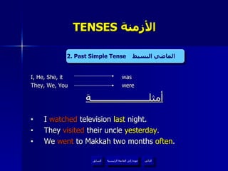TENSES  الأزمنة   I, He, She, it  was   They, We, You were أمثلــــــــــــــــــــــة I  watched  television  last   night. They  visited  their uncle  yesterday . We  went  to Makkah two months  often . 2. Past Simple Tense   الماضي البسيط   عودة إلى القائمة الرئيسية عودة إلى القائمة الرئيسية التالي السابق 