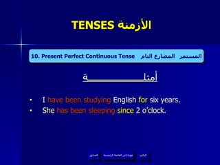 TENSES  الأزمنة  أمثلــــــــــــــــــــــة I  have been studying  English  for  six years.  She  has been sleeping   since  2 o’clock.  10 . Present Perfect Continuous Tense  المستمر   المضارع التام عودة إلى القائمة الرئيسية عودة إلى القائمة الرئيسية التالي السابق 