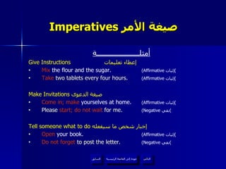 Imperatives  صيغة الأمر   أمثلــــــــــــــــــــــة Give Instructions   إعطاء تعليمات Mix  the flour and the sugar.  (Affirmative  إثبات ) Take  two tablets every four hours.  (Affirmative  إثبات ) Make Invitations  صيغة الدعوى  Come in; make  yourselves at home.  (Affirmative  إثبات ) Please  start; do not wait  for me.  (Negative  نفي ) Tell someone what to do  إخبار شخص ما سيفعله  Open  your book.  (Affirmative  إثبات ) Do not forget  to post the letter.  (Negative  نفي ) عودة إلى القائمة الرئيسية عودة إلى القائمة الرئيسية التالي السابق 