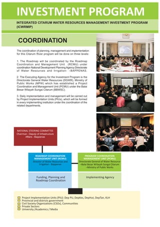 INVESTMENT PROGRAM
INTEGRATED CITARUM WATER RESOURCES MANAGEMENT INVESTMENT PROGRAM
(ICWRMIP)



 COORDINATION
The coordination of planning, management and implementation
for this Citarum River program will be done on three levels:

1. The Roadmap will be coordinated by the Roadmap
Coordination and Management Unit (RCMU) under
coordination National Development Planning Agency Directorate
of Water Resources and Irrigation- –BAPPENAS.

2. The Executing Agency for the Investment Program is the
Directorate General Water Resources (DGWR), Ministry of
Public Works (MPW) which has established a Project
Coordination and Management Unit (PCMU) under the Balai
Besar Wilayah Sungai Citarum (BBWSC).

3. Daily implementation and management will be carried out
by Project Implementation Units (PIUs), which will be formed
in every implementing institution under the coordination of the
related departments.




NATIONAL STEERING COMMITTEE
Chairman : Deputy of Infrastructure
        Affairs - Bappenas




                 ROADMAP COORDINATION                       PROGRAM COORDINATION
                MANAGEMENT UNIT (RCMU)                     MANAGEMENT UNIT (PCMU)
               Director of Water Resources and         Directorate General of Water Resource
                     Irrigation - Bappenas              –Balai Besar Wilayah Sungai Citarum
                                                             –Ministry of Public Works


                  Funding, Planning and                        Implementing Agency
                  Roadmap Coordination




    Project Implementation Units (PIU): Dep PU, DepKes, DepHut, DepTan, KLH
    Provincial and districts government
    Civil Society Organizations (CSOs), Communities
    Private Sectors
    University /Academics / Media

                                                          xx
 
