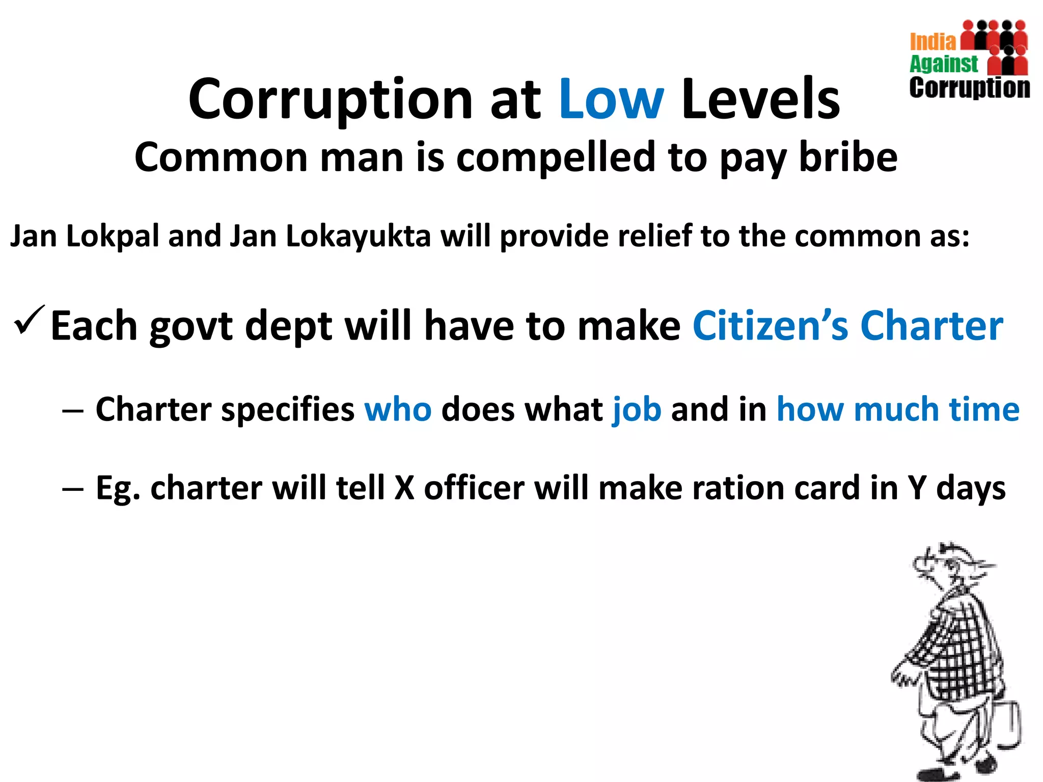 Corruption at  Low  Levels   Common man is compelled to pay bribe  Jan Lokpal and Jan Lokayukta will provide relief to the common as:  Each govt dept will have to make  Citizen’s Charter Charter specifies  who  does what  job  and in  how much time Eg. charter will tell X officer will make ration card in Y days 