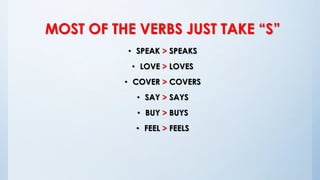 MOST OF THE VERBS JUST TAKE “S”
• SPEAK > SPEAKS
• LOVE > LOVES
• COVER > COVERS
• SAY > SAYS
• BUY > BUYS
• FEEL > FEELS
 