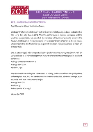 M I L L E S I M E
2013
19
2013 - A Good Year In Spite Of Spring
Post-Harvest and Early Vinification Report
We began the harvest with the very early and very aromatic Sauvignon Blanc on September
9th i.e. 12 days later than in 2012. After this, as the levels of ripeness were good and the
weather, unpredictable, we picked all the varieties without interruption to preserve the
flavours. We brought in more pickers and set up a second team of sorters at the vat house,
which meant that the final crop was in perfect condition. Harvesting ended at noon on
October 10th.
Like all late vintages, 2013 will produce some great white wines. Low yields (down 30% on
2012) allowed us to harvest at optimum maturity and fermentation took place in excellent
conditions:
Average kinetic fermentation: 8j
Average abv: 12.8%
Acidity: 4.7 g/l
The red wines have undergone 3 to 4 weeks of vatting and it is clear from the quality of the
different plots that 2013 will be very much in line with the classic, Bordeaux vintages, such
as 2008, with fruit, structure and length:
Average abv: 13%
Acidity: 4 g/l
Anthocyanins: 900 mg/l
November2013
C h â tea u Ca r b o nnie u x
Grand Cru Classé, Graves
Eric et Philibert Perrin - Owners
 