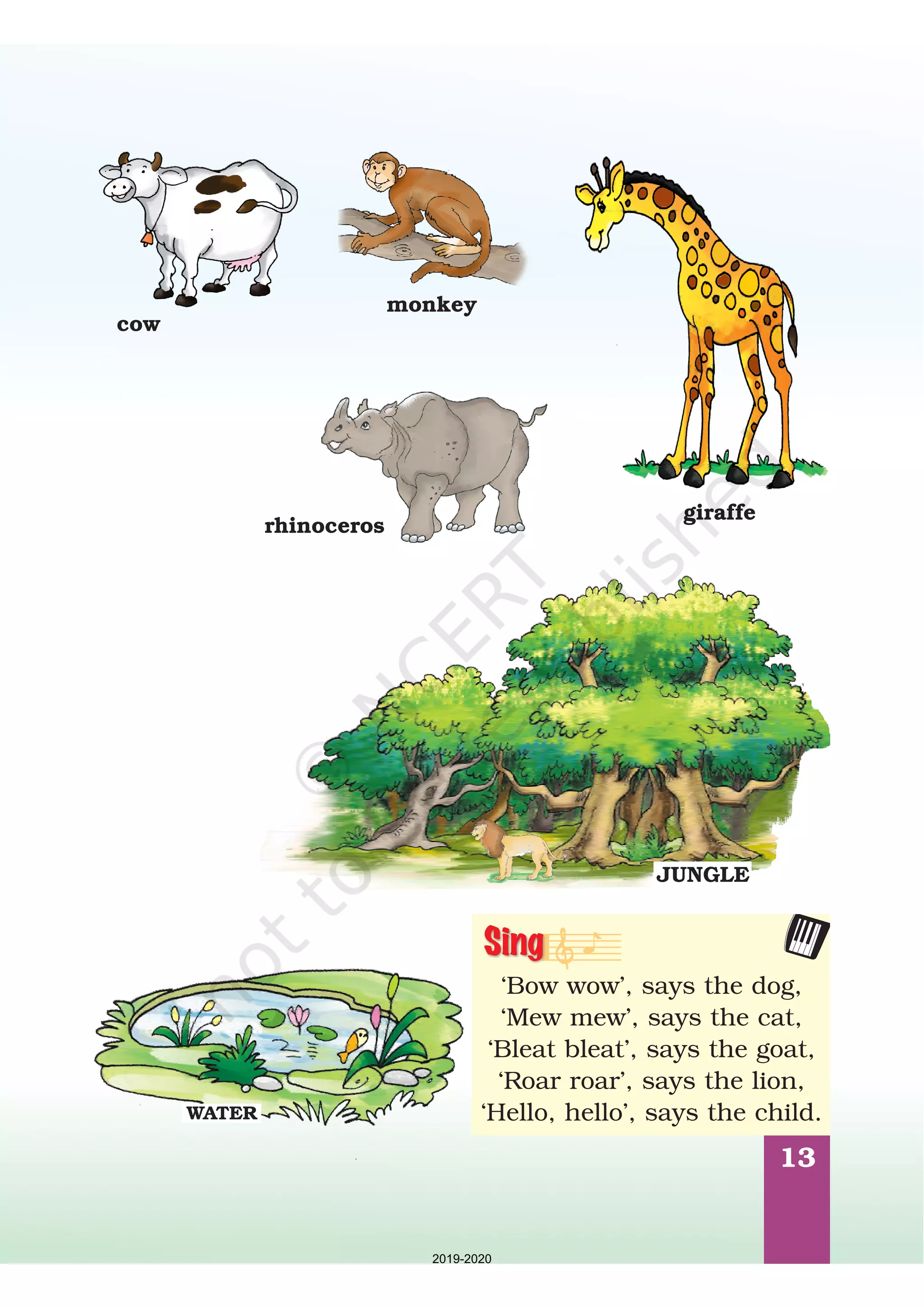13
rhinoceros
monkey
cow
giraffe
JUNGLE
‘Bow wow’, says the dog,
‘Mew mew’, says the cat,
‘Bleat bleat’, says the goat,
‘Roar roar’, says the lion,
‘Hello, hello’, says the child.
Sing
WATER
2019-2020
 