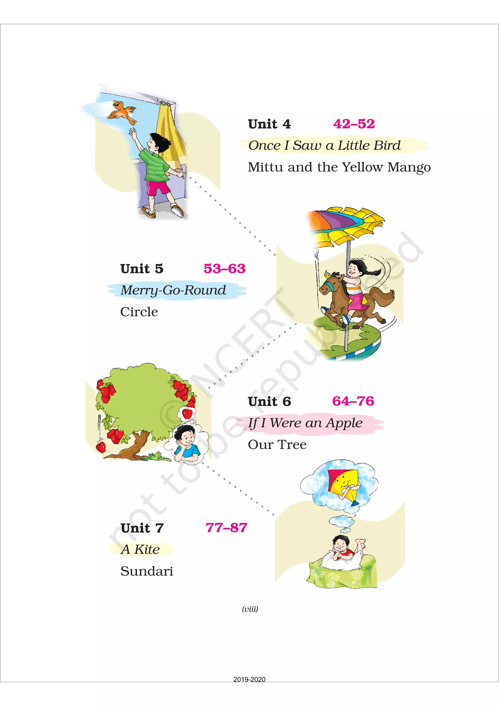 Unit 6
If I Were an Apple
Our Tree
64–76
Unit 7
A Kite
Sundari
77–87
42–52Unit 4
Once I Saw a Little Bird
Mittu and the Yellow Mango
53–63Unit 5
Merry-Go-Round
Circle
(viii)
2019-2020
 