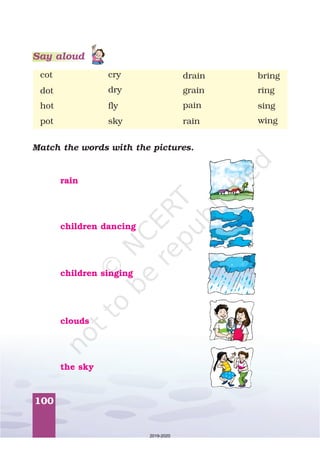 100
fly
Match the words with the pictures.
the sky
clouds
rain
children singing
children dancing
cot
dot
hot
pot
cry
dry
sky
drain
grain
pain
rain
ring
bring
sing
wing
Say aloud
2019-2020
 