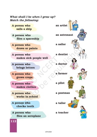 112
What shall I be when I grow up?
Match the following:
A person who
sails a ship
A person who
flies a spaceship
A person who
draws or paints
A person who
makes sick people well
A person who
brings letters
A person who
grows crops
A person who
makes clothes
A person who
works in school
A person who
checks teeth
A person who
flies an aeroplane
a sailor
a doctor
a pilot
a tailor
an astronaut
a dentist
a farmer
a postman
a teacher
an artist
2019-2020
 