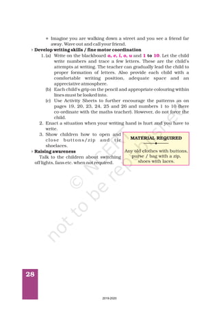 28
l
4
4
Imagine you are walking down a street and you see a friend far
away. Wave out and call your friend.
1. (a) Write on the blackboard and . Let the child
write numbers and trace a few letters. These are the child’s
attempts at writing. The teacher can gradually lead the child to
proper formation of letters. Also provide each child with a
comfortable writing position, adequate space and an
appreciative atmosphere.
(b) Each child's grip on the pencil and appropriate colouring within
lines must be looked into.
(c) Use Activity Sheets to further encourage the patterns as on
pages 19, 20, 23, 24, 25 and 26 and numbers 1 to 10 (here
co-ordinate with the maths teacher). However, do not force the
child.
2. Enact a situation when your writing hand is hurt and you have to
write.
3. Show children how to open and
close buttons/zip and tie
shoelaces.
Talk to the children about switching
off lights, fans etc. when not required.
Develop writing skills / fine motor coordination
to
Raising awareness
a, e, i, o, u 1 10
MATERIAL REQUIRED
Any old clothes with buttons,
purse / bag with a zip,
shoes with laces.
2019-2020
 