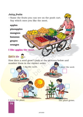 70
Name the fruits you can see on the push cart.
Say which ones you like the most.
4
How does a seed grow? Look at the pictures below and
number them in the correct order.
Juicy fruits
I dig the earth. I plant the seed.
I water the plant. The plant grows.
apples
pineapples
mangoes
bananas
grapes
oranges
I like the most.apples
Let’s do
2019-2020
 