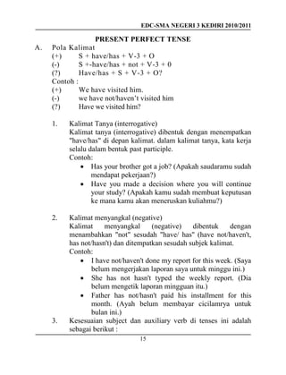 EDC-SMA NEGERI 3 KEDIRI 2010/2011
15
PRESENT PERFECT TENSE
A. Pola Kalimat
(+) S + have/has + V-3 + O
(-) S +-have/has + not + V-3 + 0
(?) Have/has + S + V-3 + O?
Contoh :
(+) We have visited him.
(-) we have not/haven’t visited him
(?) Have we visited him?
1. Kalimat Tanya (interrogative)
Kalimat tanya (interrogative) dibentuk dengan menempatkan
"have/has" di depan kalimat. dalam kalimat tanya, kata kerja
selalu dalam bentuk past participle.
Contoh:
 Has your brother got a job? (Apakah saudaramu sudah
mendapat pekerjaan?)
 Have you made a decision where you will continue
your study? (Apakah kamu sudah membuat keputusan
ke mana kamu akan meneruskan kuliahmu?)
2. Kalimat menyangkal (negative)
Kalimat menyangkal (negative) dibentuk dengan
menambahkan "not" sesudah "have/ has'' (have not/haven't,
has not/hasn't) dan ditempatkan sesudah subjek kalimat.
Contoh:
 I have not/haven't done my report for this week. (Saya
belum mengerjakan laporan saya untuk minggu ini.)
 She has not hasn't typed the weekly report. (Dia
belum mengetik laporan mingguan itu.)
 Father has not/hasn't paid his installment for this
month. (Ayah belum membayar cicilamrya untuk
bulan ini.)
3. Kesesuaian subject dan auxiliary verb di tenses ini adalah
sebagai berikut :
 
