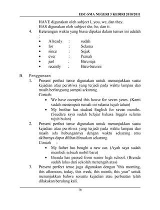 EDC-SMA NEGERI 3 KEDIRI 2010/2011
16
HAVE digunakan oleh subject I, you, we, dan they.
HAS digunakan oleh subject she, he, dan it.
4. Keterangan waktu yang biasa dipakai dalam tenses ini adalah
:
 Already : sudah
 for : Selama
 since : Sejak
 ever : Pernah
 just : Baru saja
 recently : Baru-baru ini
B. Penggunaan
1. Present perfect tense digunakan untuk menunjukkan suatu
kejadian atau peristiwa yang terjadi pada waktu lampau dan
masih berlangsung sampai sekarang.
Contoh:
 We have occupied this house for seven years. (Kami
sudah menempati rumah ini selama tujuh tahun)
 My brother has studied English for seven months.
(Saudara saya sudah belajar bahasa Inggris selama
tujuh bulan)
2. Present perfect tense digunakan untuk menunjukkan suatu
kejadian atau peristiwa yang terjadi pada waktu lampau dan
masih ada hubungannya dengan waktu sekarang atau
akibatnya dapat dilihat/dirasakan sekarang.
Contoh :
 My father has bought a new car. (Ayah saya sudah
membeli sebuah mobil baru)
 Brenda has passed from senior high school. (Brenda
sudah lulus dari sekolah menengah atas)
3. Present perfect tense juga digunakan dengan "this morning,
this afternoon, today, this week, this month, this year" untuk
menunjukkan bahwa sesuatu kejadian atau perbuatan telah
dilakukan berulang kali.
 