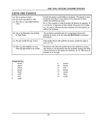 EDC-SMA NEGERI 3 KEDIRI 2010/2011
45
USING THE PASSIVE
Anagram key
1. bread
2. please
3. elbow
4. peach
5. death
6. earth
7. sore
8. night
9. garden
10. wrong
11. dial
12. design
13. names
14. shore
15. centre
 