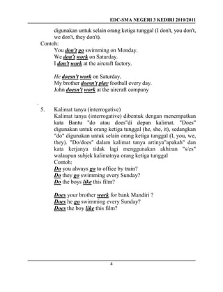 EDC-SMA NEGERI 3 KEDIRI 2010/2011
4
digunakan untuk selain orang ketiga tunggal (I don't, you don't,
we don't, they don't).
Contoh:
You don't go swimming on Monday.
We don't work on Saturday.
I don't work at the aircraft factory.
He doesn't work on Saturday.
My brother doesn't play football every day.
John doesn't work at the aircraft company
.
5. Kalimat tanya (interrogative)
Kalimat tanya (interrogative) dibentuk dengan menempatkan
kata Bantu "do atau does"di depan kalimat. "Does"
digunakan untuk orang ketiga tunggal (he, she, it), sedangkan
"do" digunakan untuk selain orang ketiga tunggal (I, you, we,
they). "Do/does" dalam kalimat tanya artinya"apakah" dan
kata kerjanya tidak lagi menggunakan akhiran "s/es"
walaupun subjek kalimatnya orang ketiga tunggal
Contoh:
Do you always go to office by train?
Do they go swimming every Sunday?
Do the boys like this film?
Does your brother work for bank Mandiri ?
Does he go swimming every Sunday?
Does the boy like this film?
 