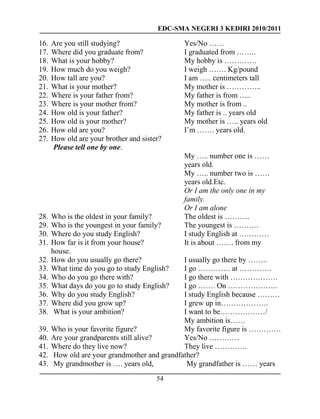 EDC-SMA NEGERI 3 KEDIRI 2010/2011
54
16. Are you still studying? Yes/No ……
17. Where did you graduate from? I graduated from ……..
18. What is your hobby? My hobby is ………….
19. How much do you weigh? I weigh ……. Kg/pound
20. How tall are you? I am ….. centimeters tall
21. What is your mother? My mother is …………..
22. Where is your father from? My father is from …..
23. Where is your mother from? My mother is from ..
24. How old is your father? My father is .. years old
25. How old is your mother? My mother is ….. years old
26. How old are you? I’m ……. years old.
27. How old are your brother and sister?
Please tell one by one.
My ….. number one is ……
years old.
My ….. number two is ……
years old.Etc.
Or I am the only one in my
family.
Or I am alone
28. Who is the oldest in your family? The oldest is ……….
29. Who is the youngest in your family? The youngest is ……….
30. Where do you study English? I study English at …………
31. How far is it from your house? It is about ……. from my
house.
32. How do you usually go there? I usually go there by ……..
33. What time do you go to study English? I go …………. at ………….
34. Who do you go there with? I go there with ……………….
35. What days do you go to study English? I go ……. On ………………..
36. Why do you study English? I study English because ………
37. Where did you grow up? I grew up in……………….
38. What is your ambition? I want to be………………/
My ambition is……
39. Who is your favorite figure? My favorite figure is ………….
40. Are your grandparents still alive? Yes/No …………
41. Where do they live now? They live ………….
42. How old are your grandmother and grandfather?
43. My grandmother is …. years old, My grandfather is …… years
 