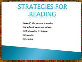 Identify the purpose in reading Graphemic rules and patterns Silent reading techniques Skimming Scanning  