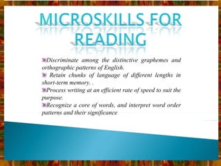 Discriminate among the distinctive graphemes and orthographic patterns of English. Retain chunks of language of different lengths in short-term memory. .  Process writing at an efficient rate of speed to suit the purpose. Recognize a core of words, and interpret word order patterns and their significance 