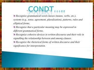 Recognize grammatical word classes (nouns, verbs, etc.), systems (e.g., tense, agreement, pluralization), patterns, rules and elliptical forms.  Recognize that a particular meaning may be expressed in different grammatical forms. Recognize cohesive devices in written discourse and their role in signalling the relationship between and among clauses. Recognize the rhetorical forms of written discourse and their significance for interpretation. 