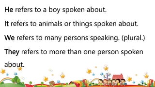 He refers to a boy spoken about.
It refers to animals or things spoken about.
We refers to many persons speaking. (plural.)
They refers to more than one person spoken
about.
 