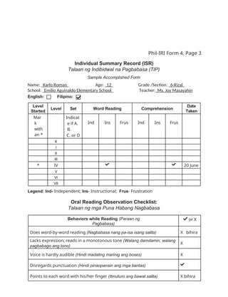 Phil-IRI Form 4, Page 3
Individual Summary Record (ISR)
Talaan ng Indibidwal na Pagbabasa (TIP)
Sample Accomplished Form
Name: Karlo Roman Age: 12 Grade /Section: 6-Rizal
School: Emilio Aguinaldo Elementary School Teacher: Ms. Joy Masayahin
English: Filipino:
Level
Started
Level Set Word Reading Comprehension
Date
Taken
Mar
k
with
an *
Indicat
e if A.
B.
C. or D
Ind Ins Frus Ind Ins Frus
K
I
II
III
* IV 20 June
V
VI
VII
Legend: Ind- Independent; Ins- Instructional; Frus- Frustration
Oral Reading Observation Checklist:
Talaan ng mga Puna Habang Nagbabasa
Behaviors while Reading (Paraan ng
Pagbabasa)
or X
Does word-by-word reading (Nagbabasa nang pa-isa isang salita) X bihira
Lacks expression; reads in a monotonous tone (Walang damdamin; walang
pagbabago ang tono)
X
Voice is hardly audible (Hindi madaling marinig ang boses) X
Disregards punctuation (Hindi pinanpansin ang mga bantas)
Points to each word with his/her finger (Itinuturo ang bawat salita) X bihira
 