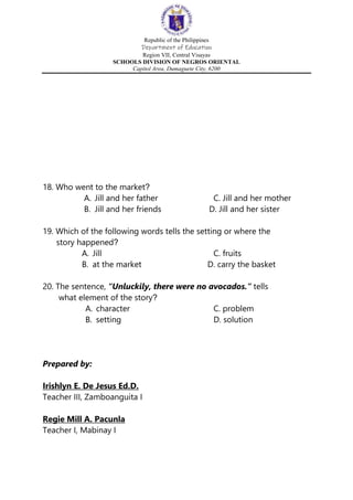 Republic of the Philippines
Department of Education
Region VII, Central Visayas
SCHOOLS DIVISION OF NEGROS ORIENTAL
Capitol Area, Dumaguete City, 6200
18. Who went to the market?
A. Jill and her father C. Jill and her mother
B. Jill and her friends D. Jill and her sister
19. Which of the following words tells the setting or where the
story happened?
A. Jill C. fruits
B. at the market D. carry the basket
20. The sentence, “Unluckily, there were no avocados.” tells
what element of the story?
A. character C. problem
B. setting D. solution
Prepared by:
Irishlyn E. De Jesus Ed.D.
Teacher III, Zamboanguita I
Regie Mill A. Pacunla
Teacher I, Mabinay I
 