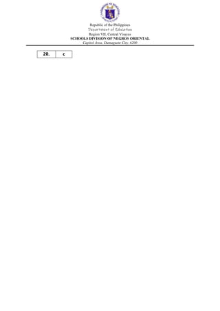 Republic of the Philippines
Department of Education
Region VII, Central Visayas
SCHOOLS DIVISION OF NEGROS ORIENTAL
Capitol Area, Dumaguete City, 6200
20. c
 