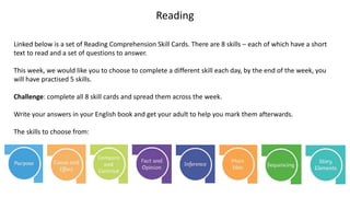 Reading
Linked below is a set of Reading Comprehension Skill Cards. There are 8 skills – each of which have a short
text to read and a set of questions to answer.
This week, we would like you to choose to complete a different skill each day, by the end of the week, you
will have practised 5 skills.
Challenge: complete all 8 skill cards and spread them across the week.
Write your answers in your English book and get your adult to help you mark them afterwards.
The skills to choose from:
 