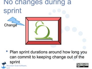 Mountain Goat Software,
LLC
No changes during a
sprint
• Plan sprint durations around how long you
can commit to keeping change out of the
sprint
Change
 