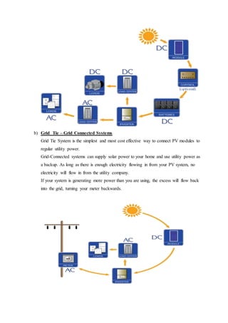 b) Grid Tie – Grid Connected Systems
Grid Tie System is the simplest and most cost effective way to connect PV modules to
regular utility power.
Grid-Connected systems can supply solar power to your home and use utility power as
a backup. As long as there is enough electricity flowing in from your PV system, no
electricity will flow in from the utility company.
If your system is generating more power than you are using, the excess will flow back
into the grid, turning your meter backwards.
 