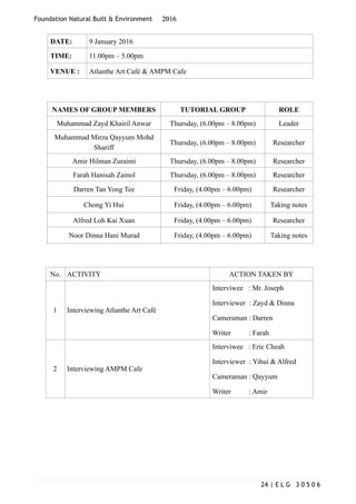 Foundation Natural Built & Environment 2016
DATE: 9 January 2016
TIME: 11.00pm – 5.00pm
VENUE : Atlanthe Art Café & AMPM Cafe
NAMES OF GROUP MEMBERS TUTORIAL GROUP ROLE
Muhammad Zayd Khairil Anwar Thursday, (6.00pm – 8.00pm) Leader
Muhammad Mirza Qayyum Mohd
Shariff
Thursday, (6.00pm – 8.00pm) Researcher
Amir Hilman Zuraimi Thursday, (6.00pm – 8.00pm) Researcher
Farah Hanisah Zainol Thursday, (6.00pm – 8.00pm) Researcher
Darren Tan Yong Tee Friday, (4.00pm – 6.00pm) Researcher
Chong Yi Hui Friday, (4.00pm – 6.00pm) Taking notes
Alfred Loh Kai Xuan Friday, (4.00pm – 6.00pm) Researcher
Noor Dinna Hani Murad Friday, (4.00pm – 6.00pm) Taking notes
No. ACTIVITY ACTION TAKEN BY
1 Interviewing Atlanthe Art Café
Interviwee : Mr. Joseph
Interviewer : Zayd & Dinna
Cameraman : Darren
Writer : Farah
2 Interviewing AMPM Cafe
Interviwee : Eric Cheah
Interviewer : Yihui & Alfred
Cameraman : Qayyum
Writer : Amir
| E L G 3 0 5 0 624
 