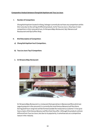 14
Comparative AnalysisbetweenChongKok Kopitiamand Tous Les Jours
I. Numberof Competitors
ChongKok KopitiamlocatedinKlang,Selangorcurrentlydonothave anycompetitorswithin
theirarea due to the sellingof differentproducts.AsforTousLesJours,theyhave 3 main
competitorsintheirareawhichare,Sri NirwanaMaju Restaurant,Raj’sBanana Leaf
Reastaurantand OjoCoffee Shop.
II. BriefDescriptionof Competitors
a) Chong Kok Kopitiam has 0 Competitors.
b) Tous Les Jours Top 3 Competitors
1. Sri Nirwana Maju Restaurant
Sri NirwanaMajuRestaurantisa restaurantthatspecialisesinBananaLeaf Rice whichare
vaguelypopularinthe areaand itis currentlythe mostfamousBananaLeaf Rice there.
Duringpeakhours longlineswillbe formedoutside the restaurantascustomer’slineupto
have a taste of the famousBanana Leaf Rice that theyoffer.Althoughthe productssoldare
differentfromTousLesJours,but due to itspopularity,itsomehow actsasa competitive
nature inthe industry.
 