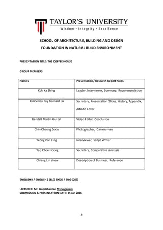 2
SCHOOL OF ARCHITECTURE, BUILDING AND DESIGN
FOUNDATION IN NATURAL BUILD ENVIRONMENT
PRESENTATION TITLE: THE COFFEE HOUSE
GROUPMEMBERS:
Names Presentation/ Research Report Roles.
Kok Ka Shing Leader, Interviewer, Summary, Recommendation
Kimberley Fay Bernard Lo Secretary, Presentation Slides, History, Appendix,
Artistic Cover
Randall Martin Gustaf Video Editor, Conclusion
Chin Cheong Soon Photographer, Cameraman
Yeong Poh Ling Interviewer, Script Writer
Yap Choe Hoong Secretary, Comparative analysis
Chiang Lin chew Description of Business, Reference
ENGLISH II / ENGLISH2 (ELG 30605 / ENG 0205)
LECTURER: Mr. GopiGhantanMylvaganam
SUBMISSION& PRESENTATION DATE: 15 Jan 2016
 