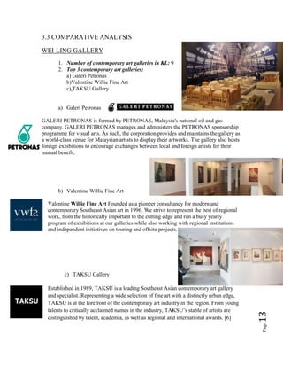 Page13
3.3 COMPARATIVE ANALYSIS
WEI-LING GALLERY
1. Number of contemporary art galleries in KL: 9
2. Top 3 contemporary art galleries:
a) Galeri Petronas
b)Valentine Willie Fine Art
c) TAKSU Gallery
a) Galeri Petronas
GALERI PETRONAS is formed by PETRONAS, Malaysia's national oil and gas
company. GALERI PETRONAS manages and administers the PETRONAS sponsorship
programme for visual arts. As such, the corporation provides and maintains the gallery as
a world-class venue for Malaysian artists to display their artworks. The gallery also hosts
foreign exhibitions to encourage exchanges between local and foreign artists for their
mutual benefit.
b) Valentine Willie Fine Art
Valentine Willie Fine Art Founded as a pioneer consultancy for modern and
contemporary Southeast Asian art in 1996. We strive to represent the best of regional
work, from the historically important to the cutting edge and run a busy yearly
program of exhibitions at our galleries while also working with regional institutions
and independent initiatives on touring and offsite projects.
c) TAKSU Gallery
Established in 1989, TAKSU is a leading Southeast Asian contemporary art gallery
and specialist. Representing a wide selection of fine art with a distinctly urban edge,
TAKSU is at the forefront of the contemporary art industry in the region. From young
talents to critically acclaimed names in the industry, TAKSU’s stable of artists are
distinguished by talent, academia, as well as regional and international awards. [6]
 