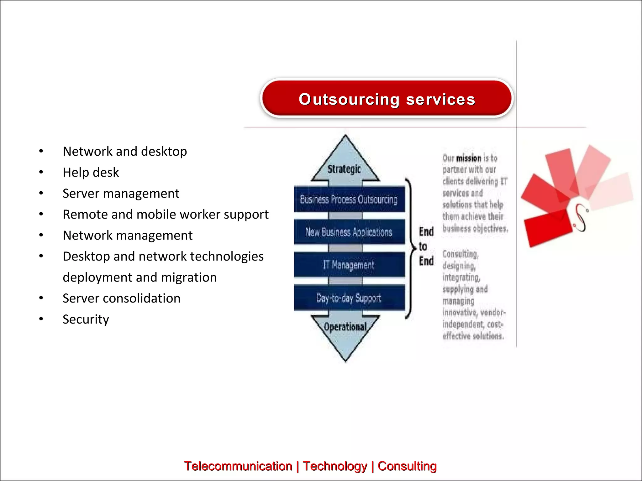 Network and desktop  Help desk  Server management  Remote and mobile worker support  Network management  Desktop and network technologies  deployment and migration  Server consolidation  Security  Telecommunication | Technology | Consulting Outsourcing services 