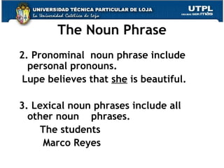 The Noun Phrase 2. Pronominal  noun phrase include  personal pronouns.  Lupe believes that  she  is beautiful. 3. Lexical noun phrases include all other noun  phrases. The students Marco Reyes 